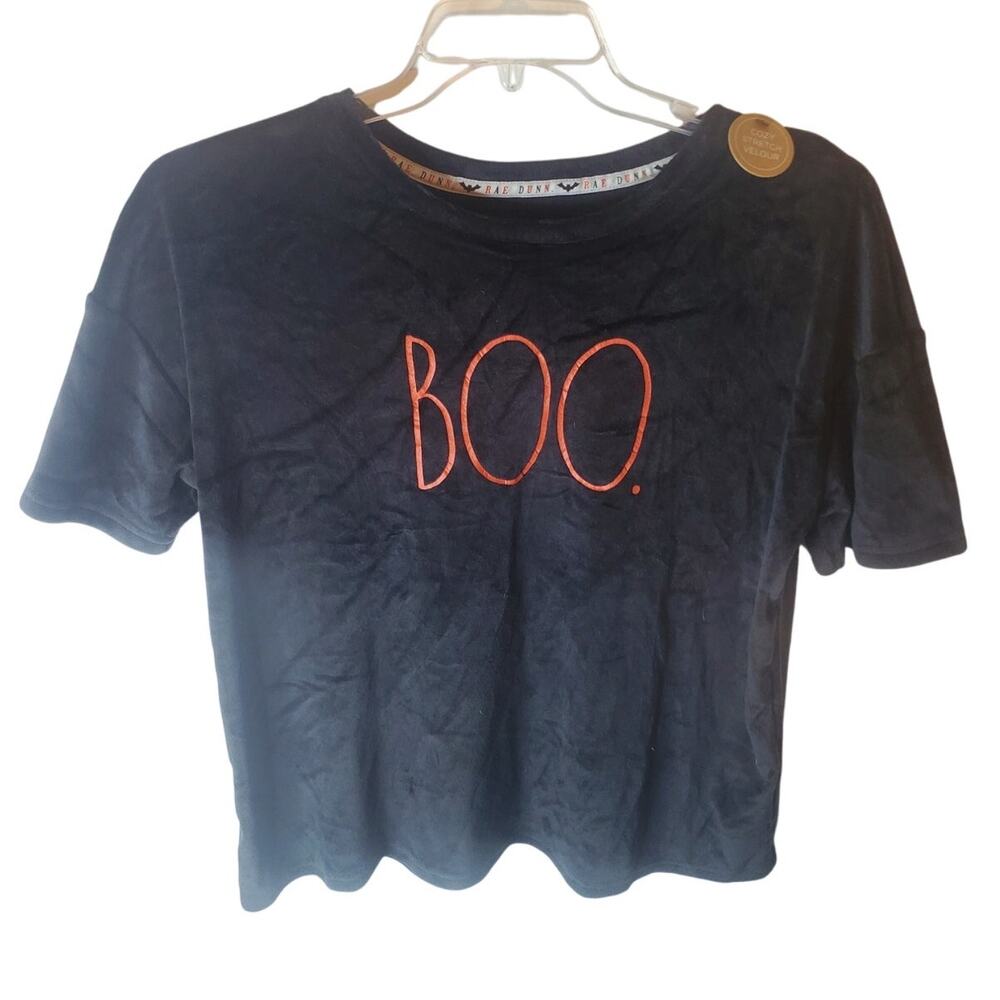 Rae Dunn "BOO" Short Sleeve Stretch Velour Top, Large